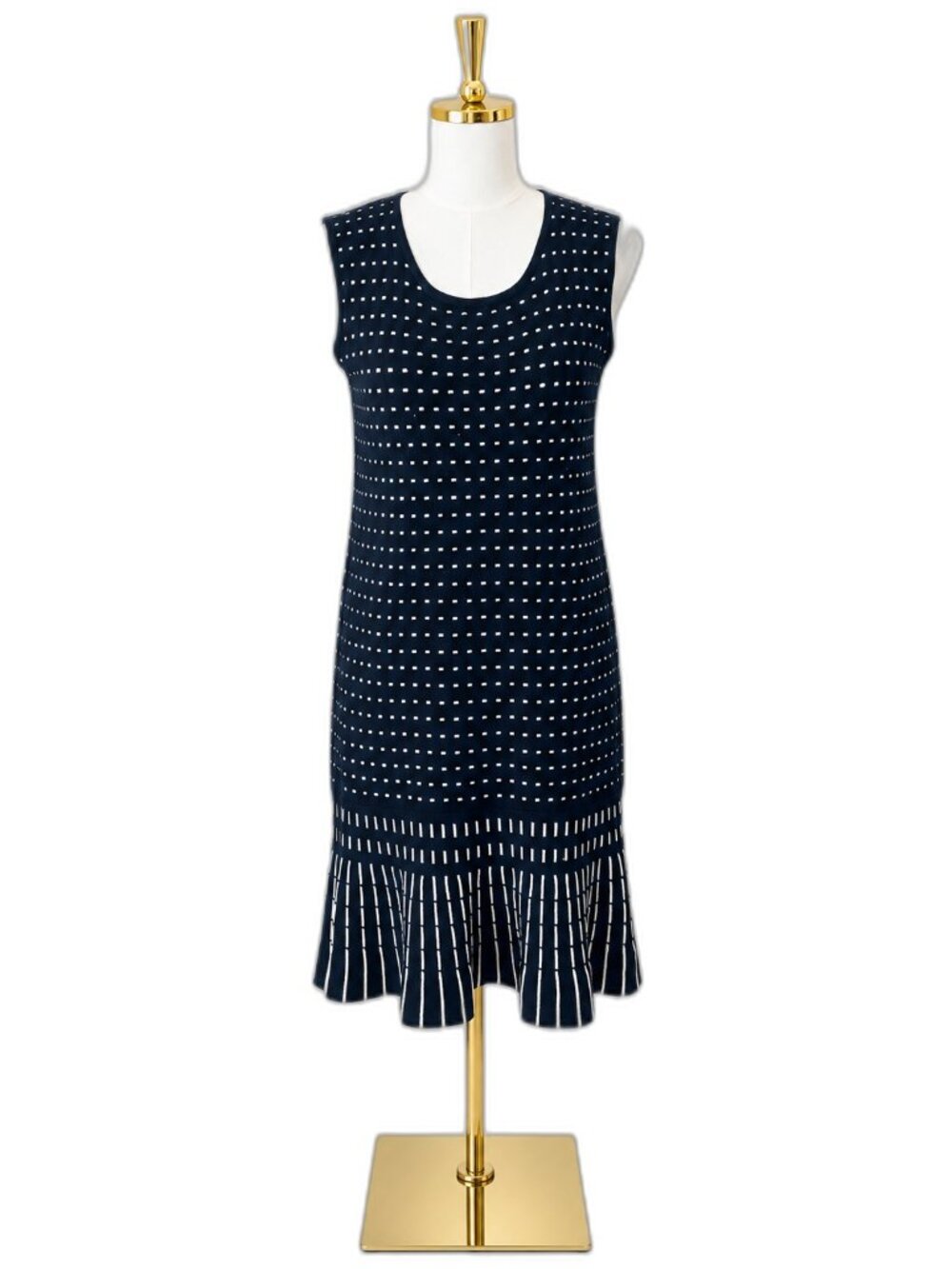Saks Fifth Avenue Black Knit Sleeveless Dress with White Dash Pattern and Flounc